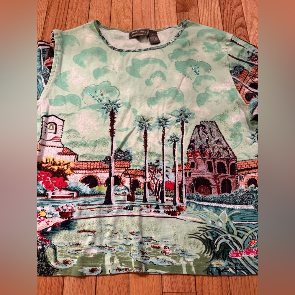Jane Ashley Women's Scenic Print Blouse - Green and Red Travel Italy Euro